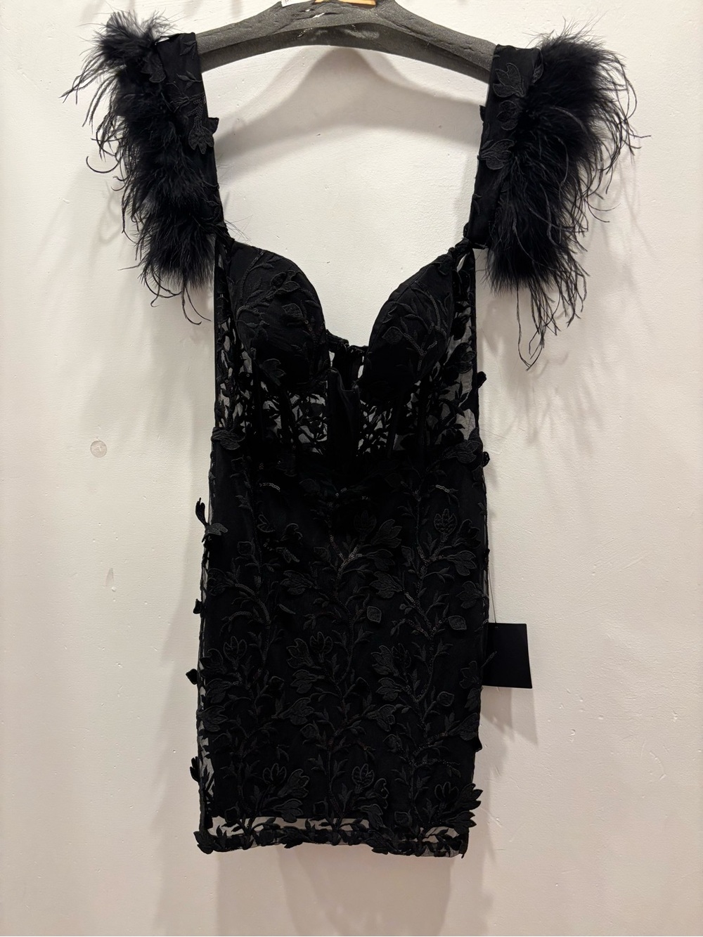 Lulus Black Feather-Trim Lace Mini Dress